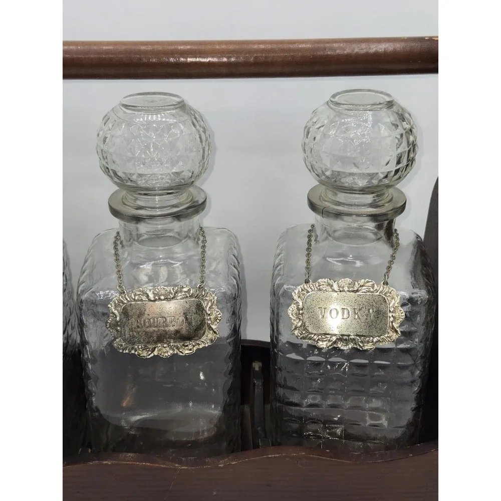 Mid Century Glass Liquor Decanter‎ Set Wood Caddy Scotch Bourbon Vodka 3 Bottle